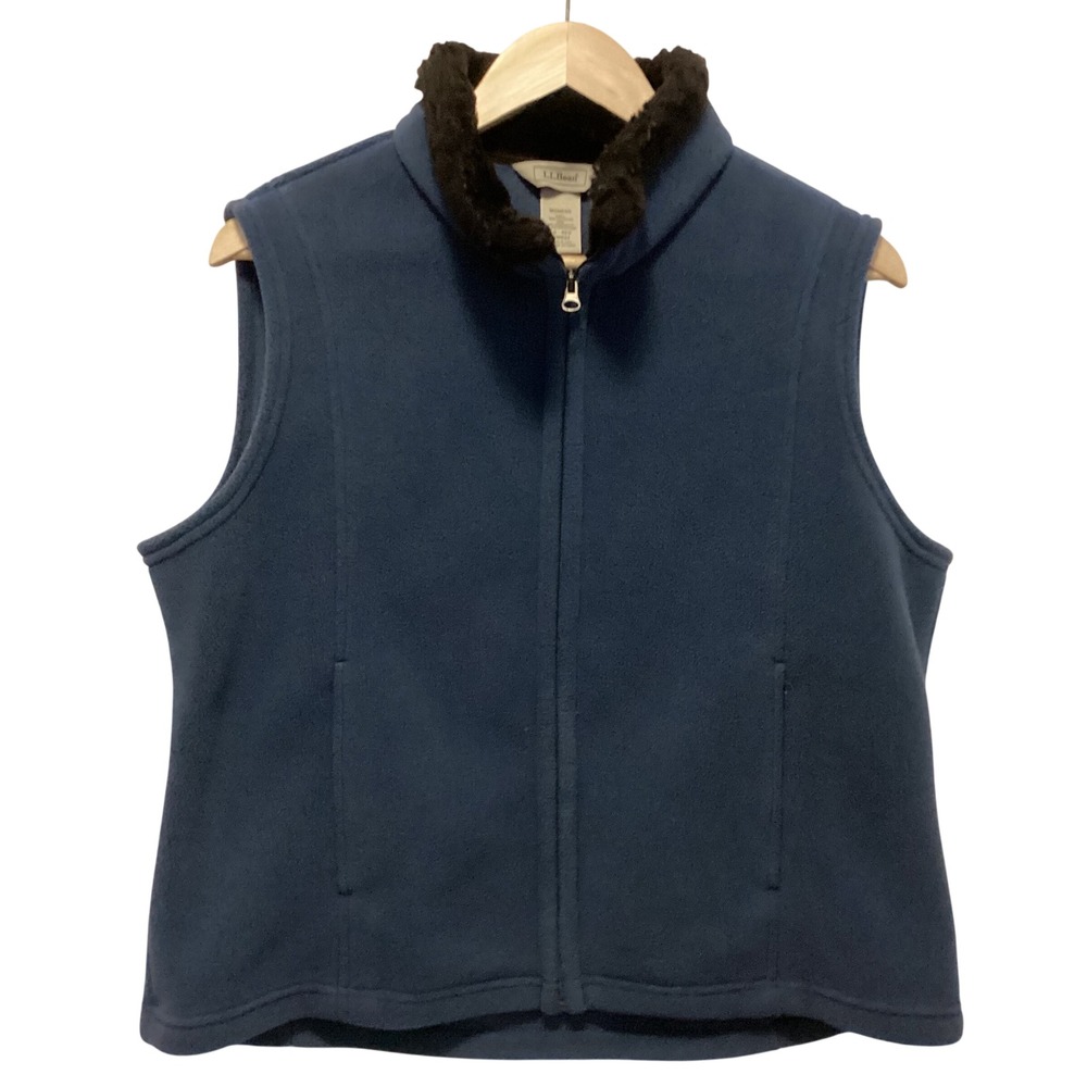 LL Bean Fleece Vest Womens Large Blue Faux Fur Trim Collar Full Zip Made in USA